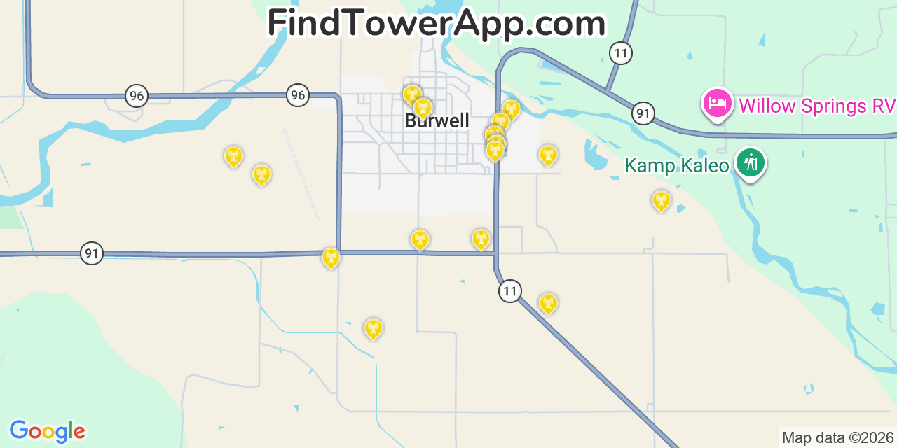 Map showing the 20 primary cell tower locations detected in Burwell, Nebraska from AT&T, Verizon, and T-Mobile networks