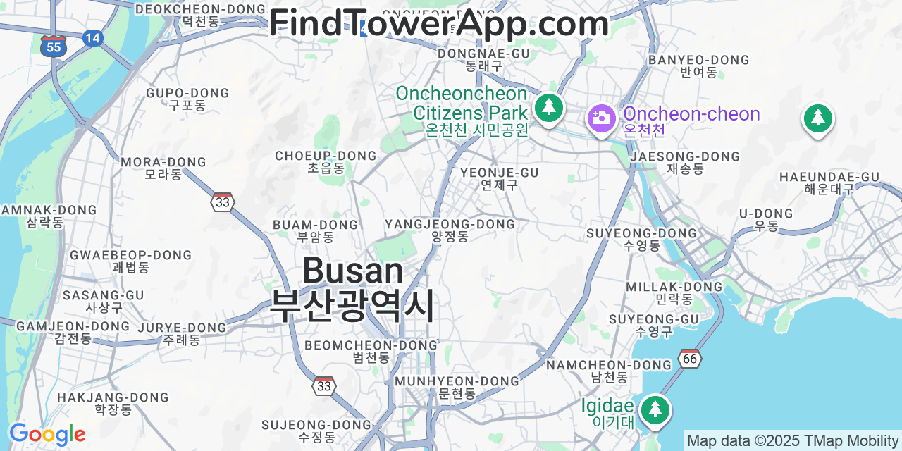 Map showing the 0 primary LG-U  cell tower locations detected in Busan, South Korea with coverage radius and signal strength indicators