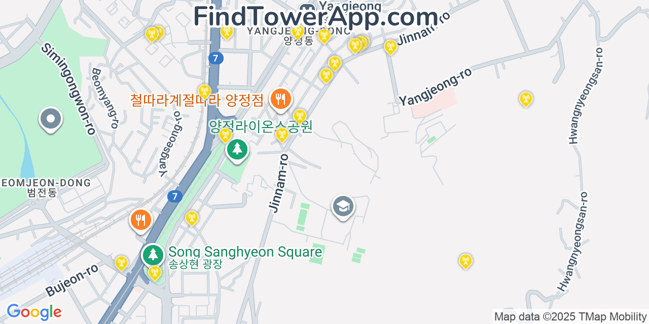 Map showing the 20 primary cell tower locations detected in Busan, South Korea with coverage areas and signal strength