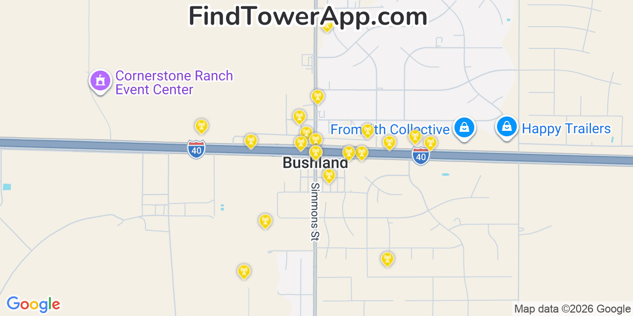 Map showing the 20 primary cell tower locations detected in Bushland, Texas from AT&T, Verizon, and T-Mobile networks