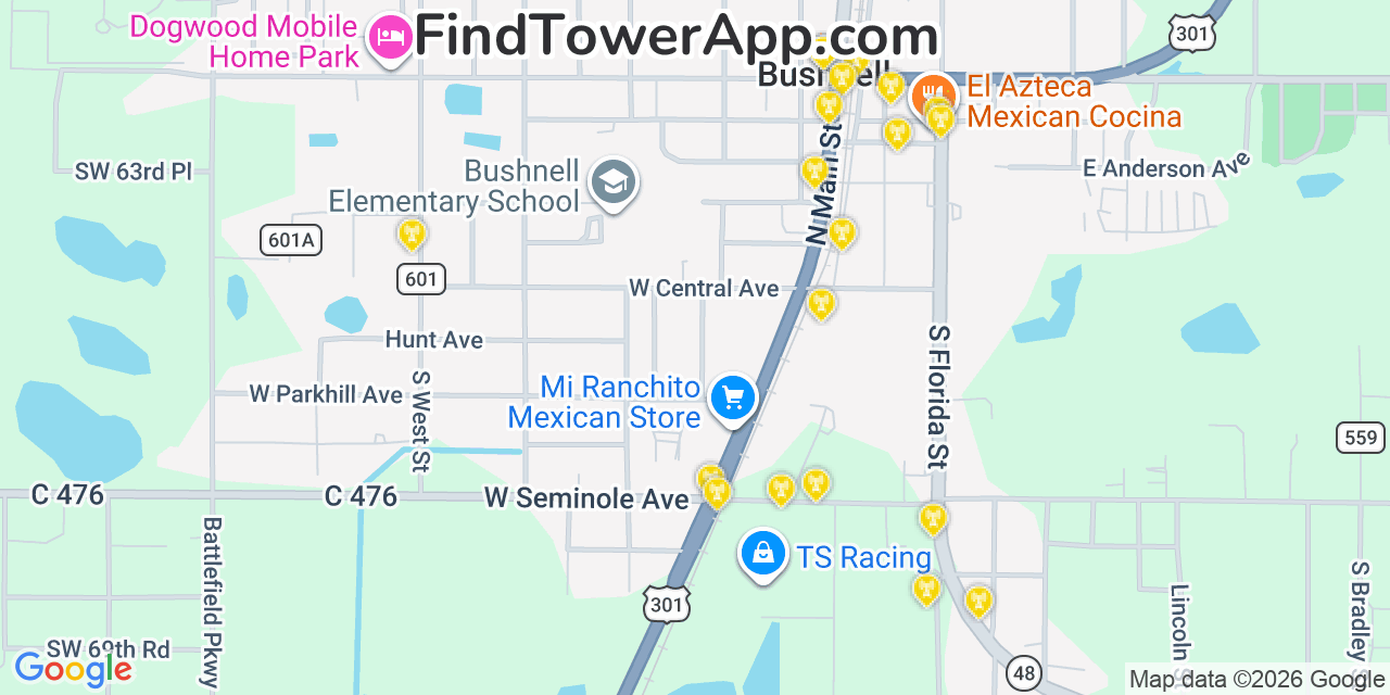 Map showing the 20 primary cell tower locations detected in Bushnell, Florida from AT&T, Verizon, and T-Mobile networks