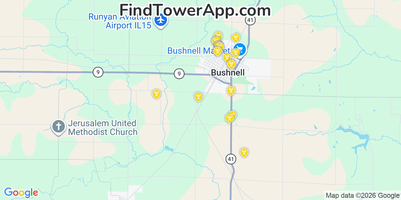Map showing the 20 primary cell tower locations detected in Bushnell, Illinois from AT&T, Verizon, and T-Mobile networks
