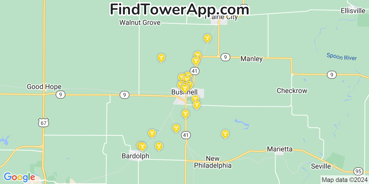 Verizon 4G/5G cell tower coverage map Bushnell, Illinois