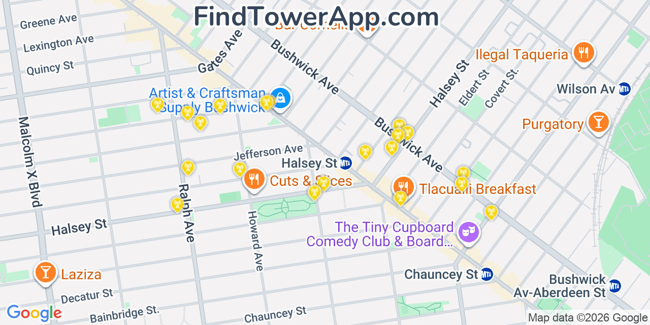 Map showing the 20 primary cell tower locations detected in Bushwick, New York from AT&T, Verizon, and T-Mobile networks