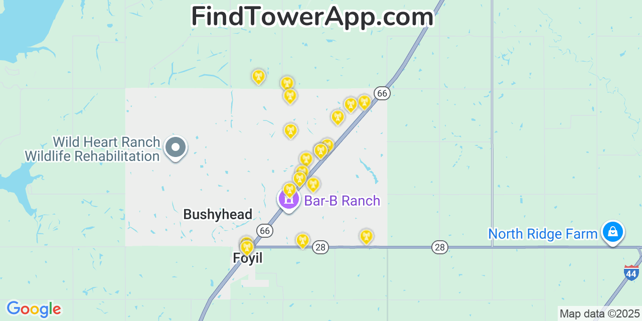 Map showing the 20 primary cell tower locations detected in Bushyhead, Oklahoma from AT&T, Verizon, and T-Mobile networks