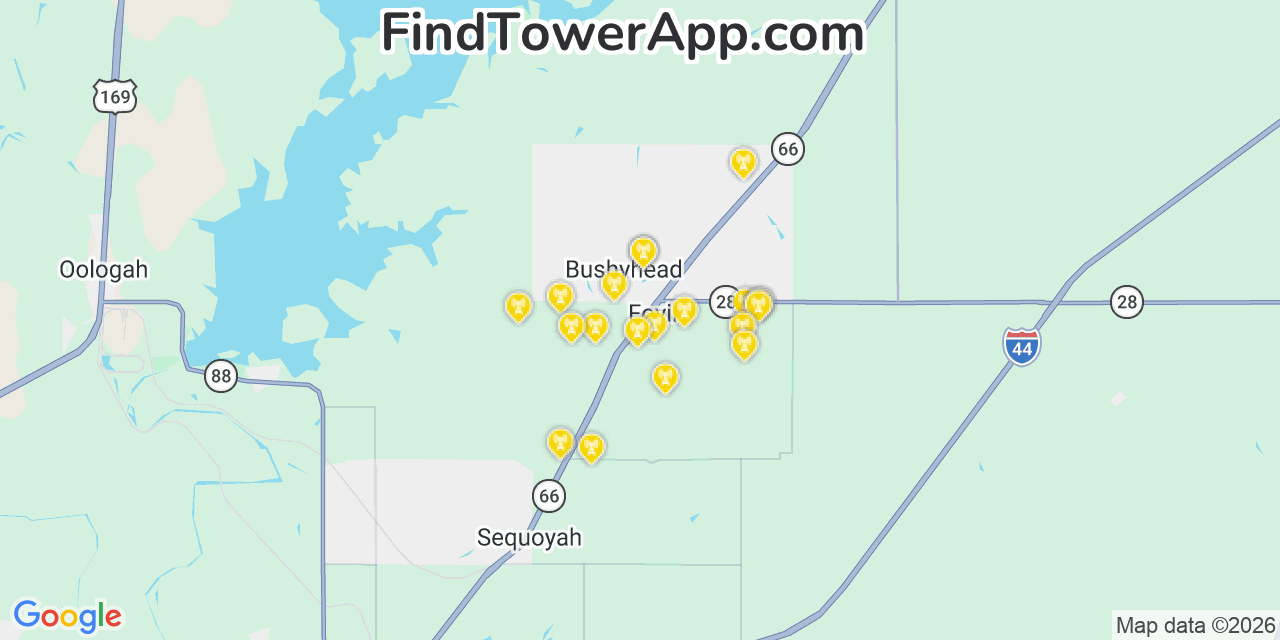 Map showing the 20 primary cell tower locations detected in Bushyhead, Oklahoma from AT&T, Verizon, and T-Mobile networks
