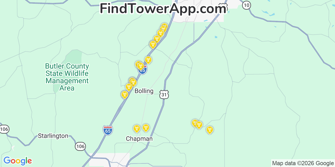 Map showing the 20 primary cell tower locations detected in Butler, Alabama from AT&T, Verizon, and T-Mobile networks