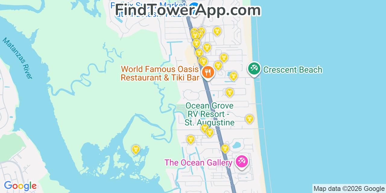 Map showing the 20 primary cell tower locations detected in Butler Beach, Florida from AT&T, Verizon, and T-Mobile networks
