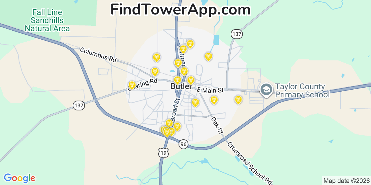 Map showing the 20 primary cell tower locations detected in Butler, Georgia from AT&T, Verizon, and T-Mobile networks