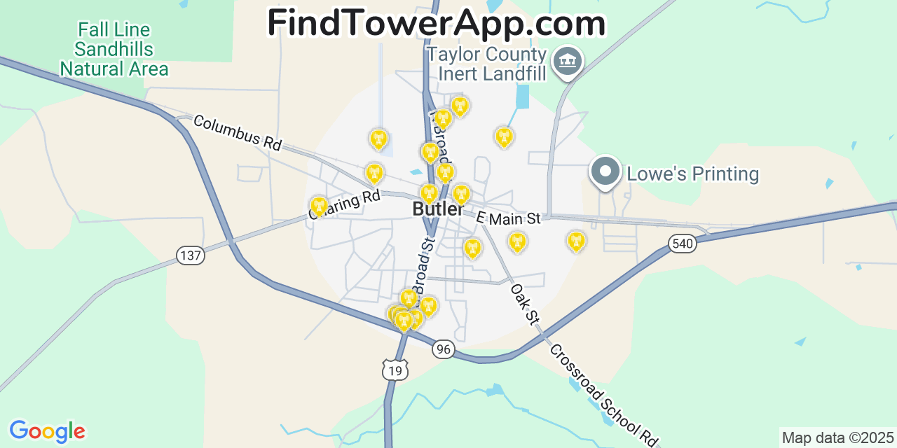 Map showing the 20 primary Mobitel cell tower locations detected in Butler, Georgia with coverage radius and signal strength indicators