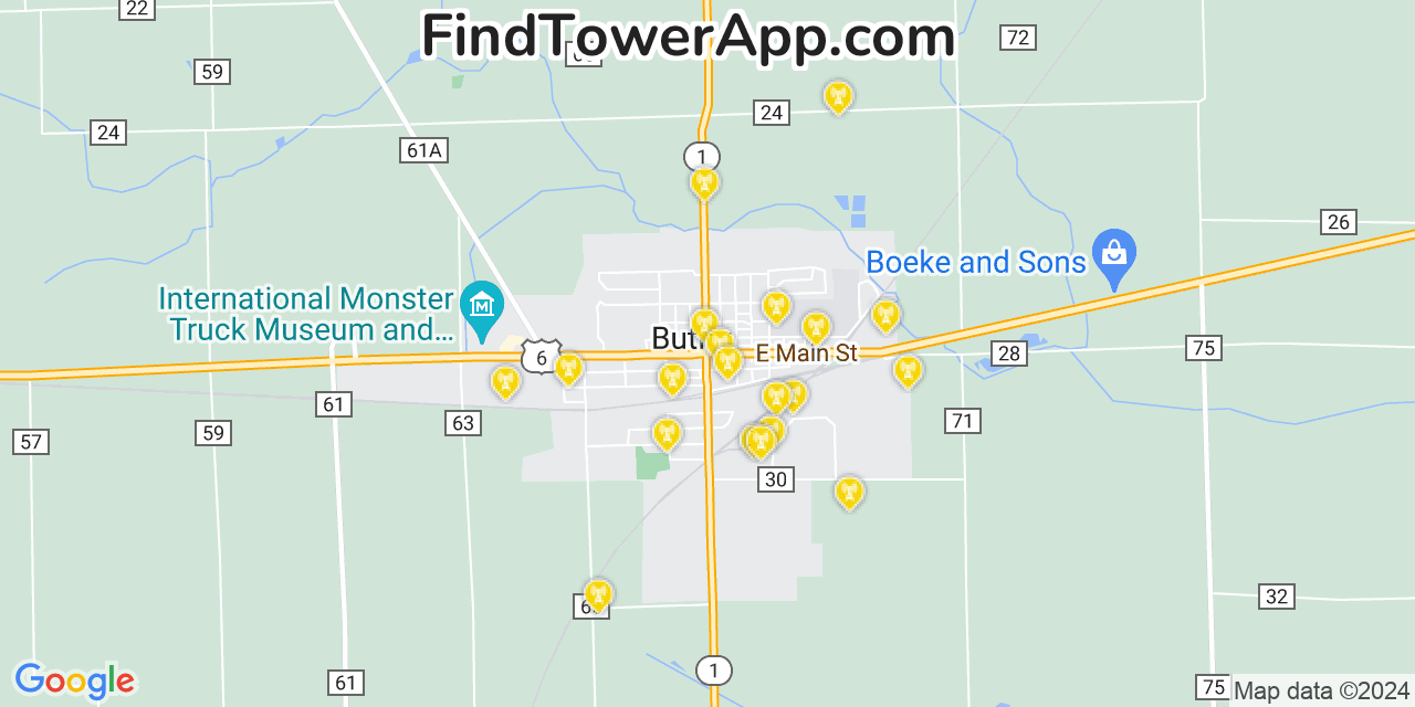 AT&T 4G/5G cell tower coverage map Butler, Indiana