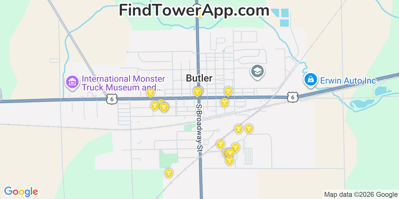 Map showing the 20 primary cell tower locations detected in Butler, Indiana from AT&T, Verizon, and T-Mobile networks