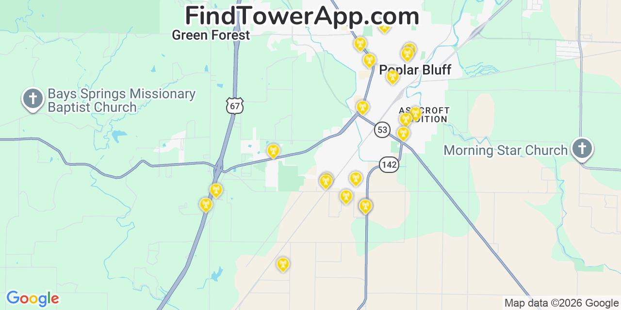 Map showing the 20 primary cell tower locations detected in Butler, Missouri from AT&T, Verizon, and T-Mobile networks