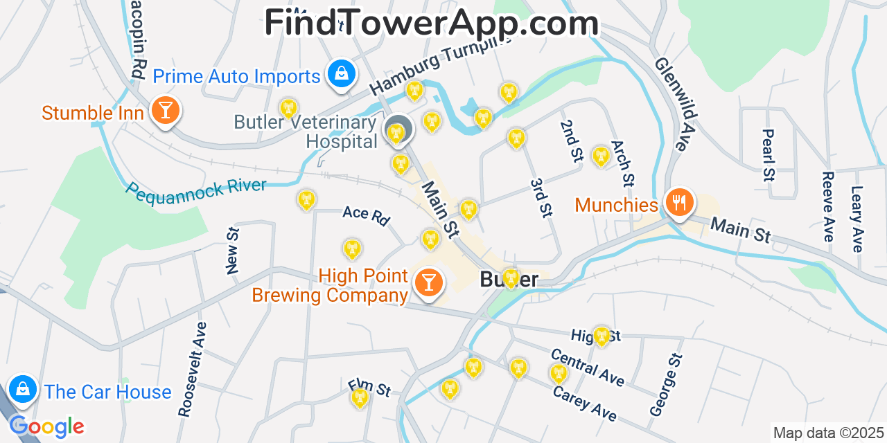 Map showing the 20 primary cell tower locations detected in Butler, New Jersey from AT&T, Verizon, and T-Mobile networks