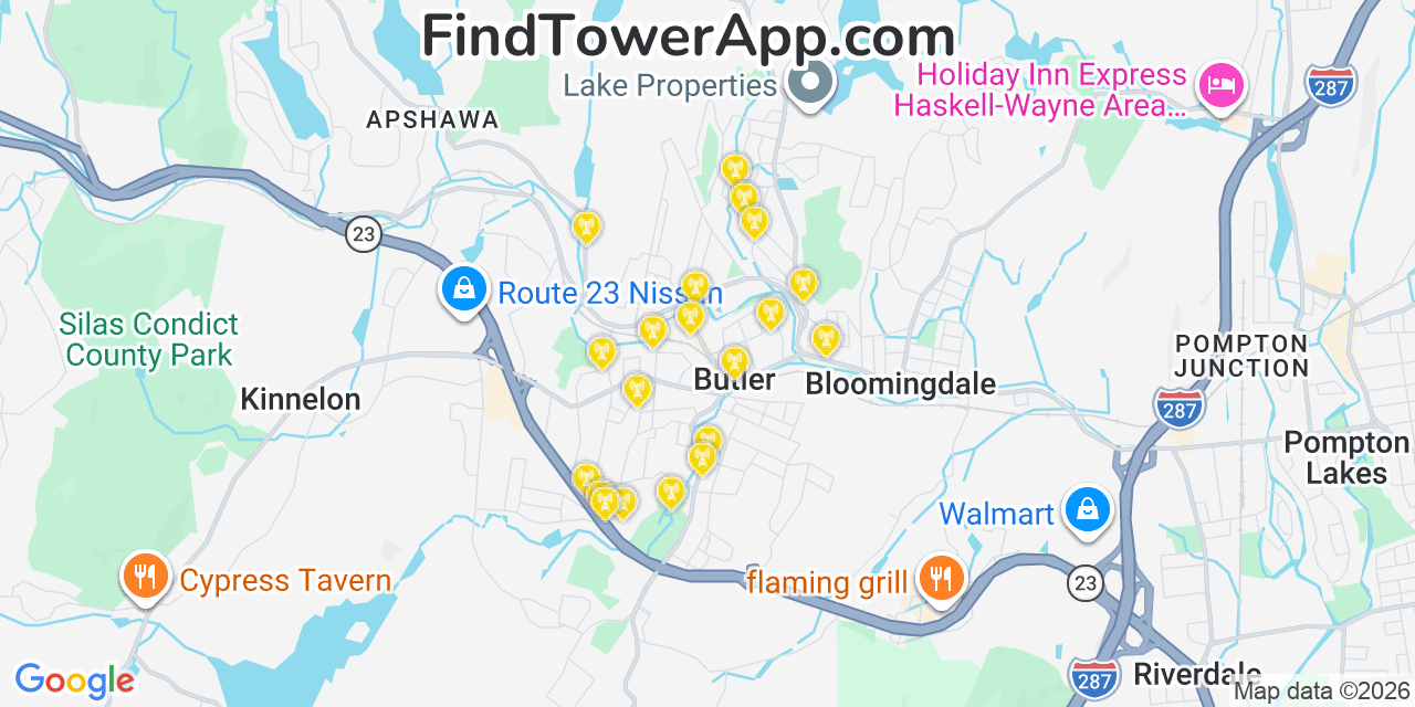 Map showing the 20 primary cell tower locations detected in Butler, New Jersey from AT&T, Verizon, and T-Mobile networks