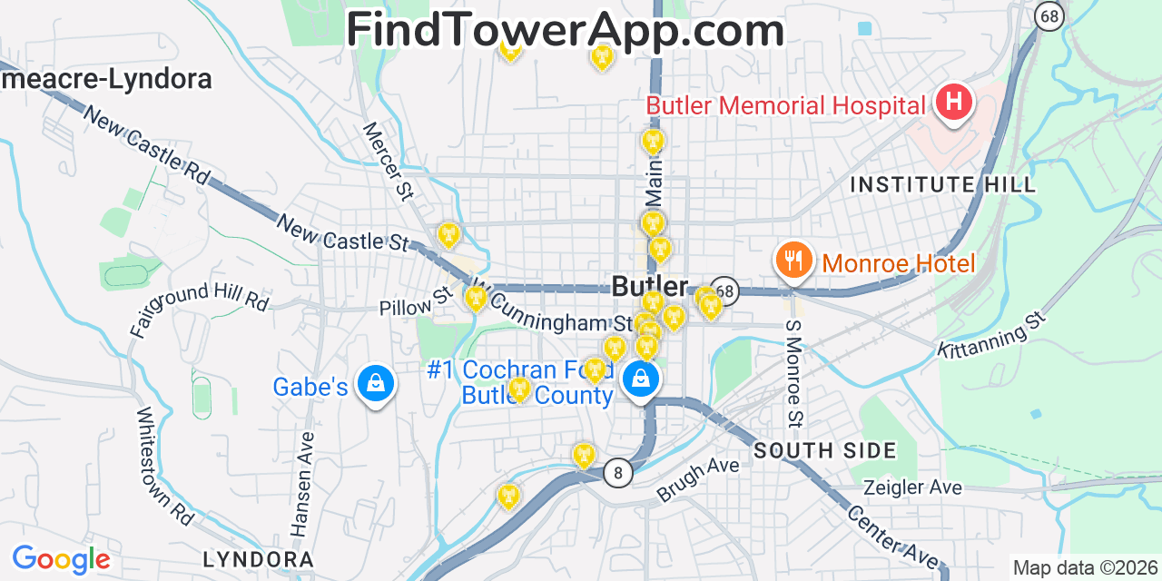 Map showing the 20 primary cell tower locations detected in Butler, Pennsylvania from AT&T, Verizon, and T-Mobile networks