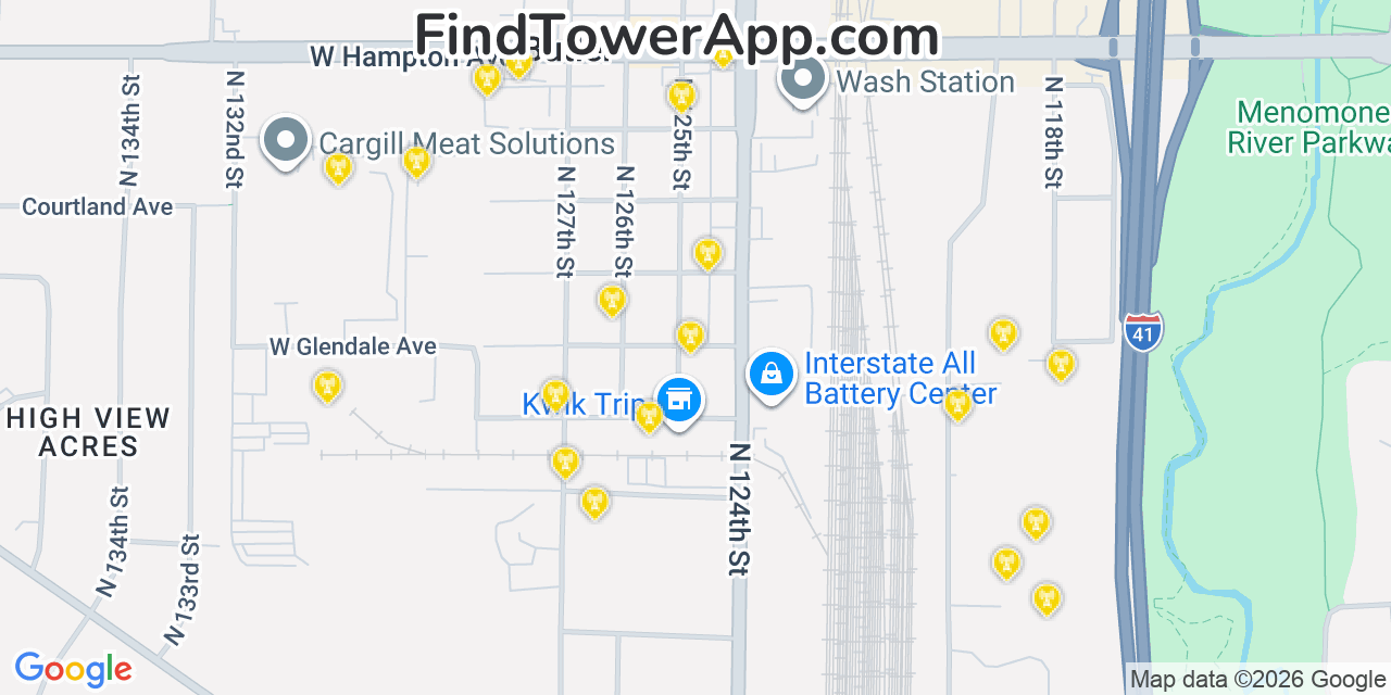 Map showing the 20 primary cell tower locations detected in Butler, Wisconsin from AT&T, Verizon, and T-Mobile networks