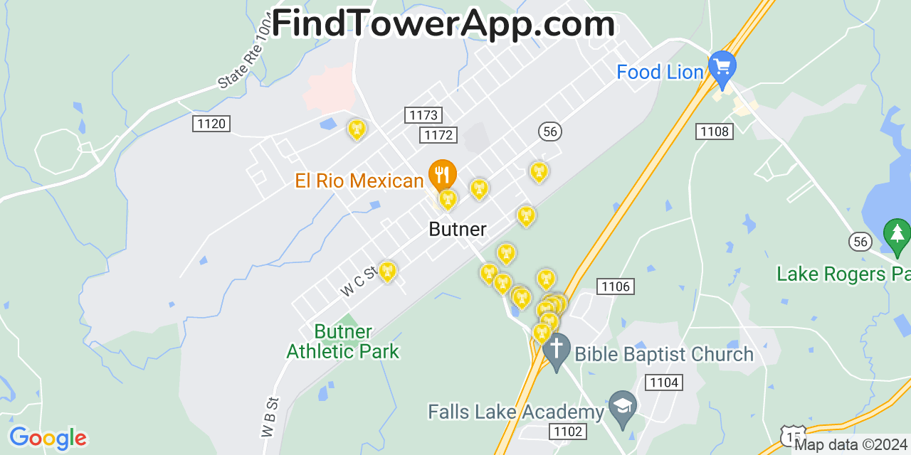 AT&T 4G/5G cell tower coverage map Butner, North Carolina