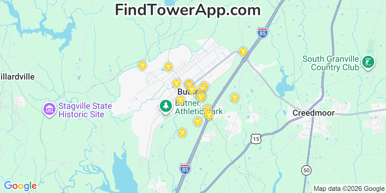 Map showing the 20 primary cell tower locations detected in Butner, North Carolina from AT&T, Verizon, and T-Mobile networks