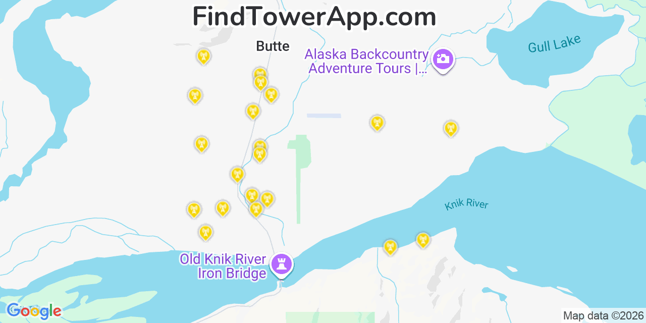 Map showing the 20 primary cell tower locations detected in Butte, Alaska from AT&T, Verizon, and T-Mobile networks