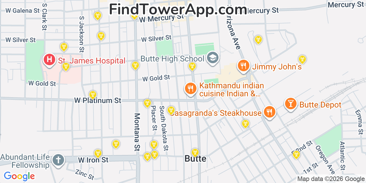Map showing the 20 primary cell tower locations detected in Butte, Montana from AT&T, Verizon, and T-Mobile networks