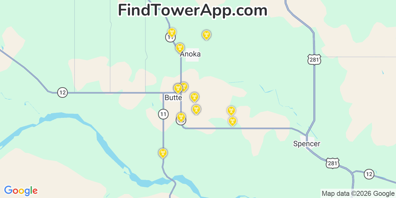 Map showing the 20 primary cell tower locations detected in Butte, Nebraska from AT&T, Verizon, and T-Mobile networks