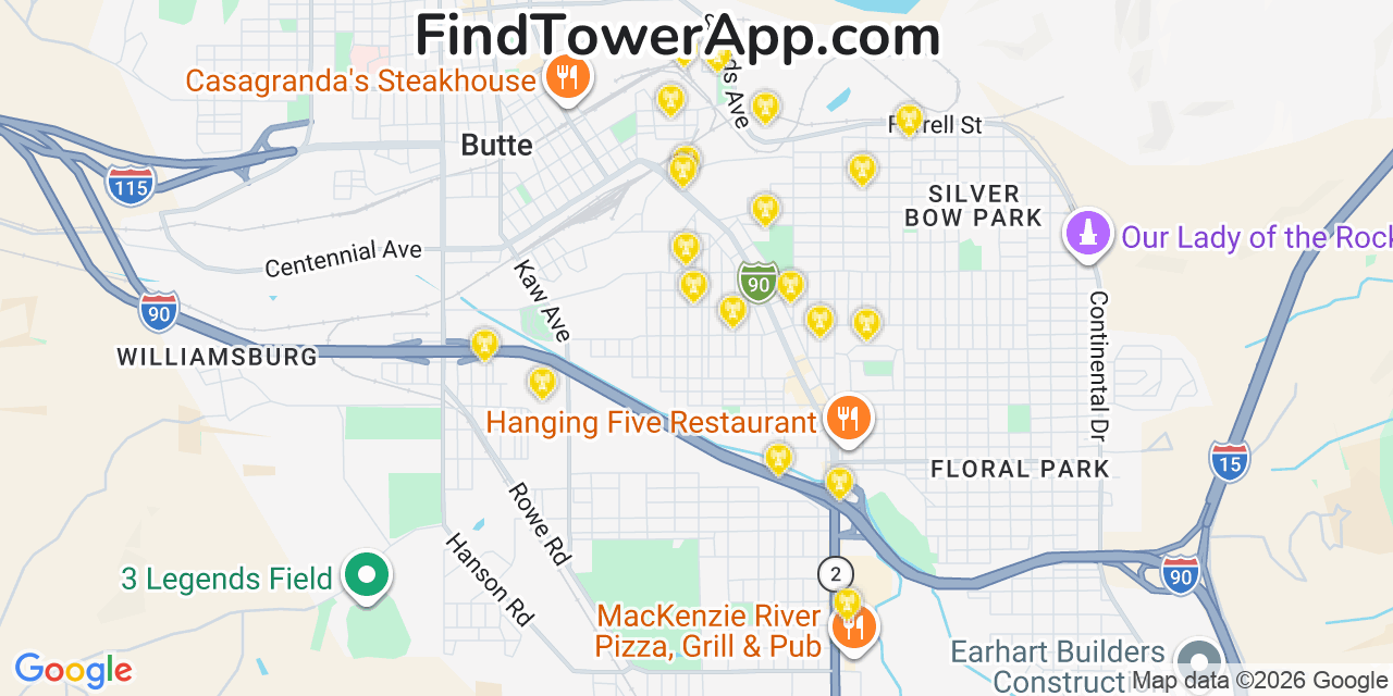 Map showing the 20 primary cell tower locations detected in Butte Silver Bow (Balance), Montana from AT&T, Verizon, and T-Mobile networks