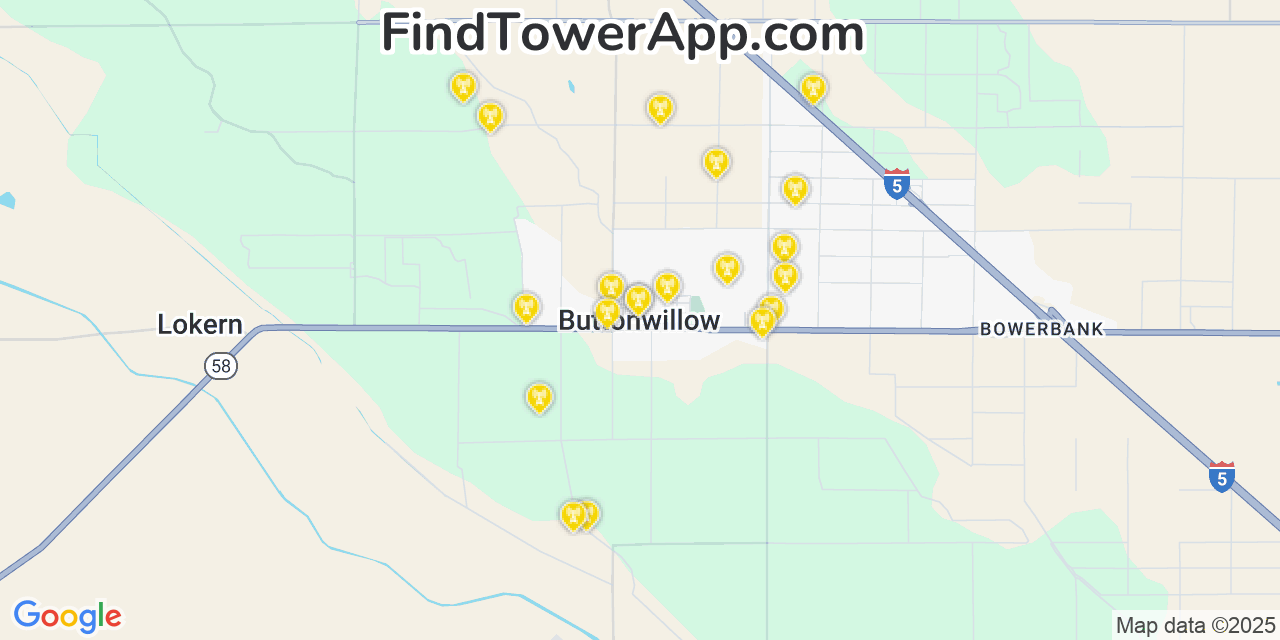 Map showing the 20 primary cell tower locations detected in Buttonwillow, California from AT&T, Verizon, and T-Mobile networks