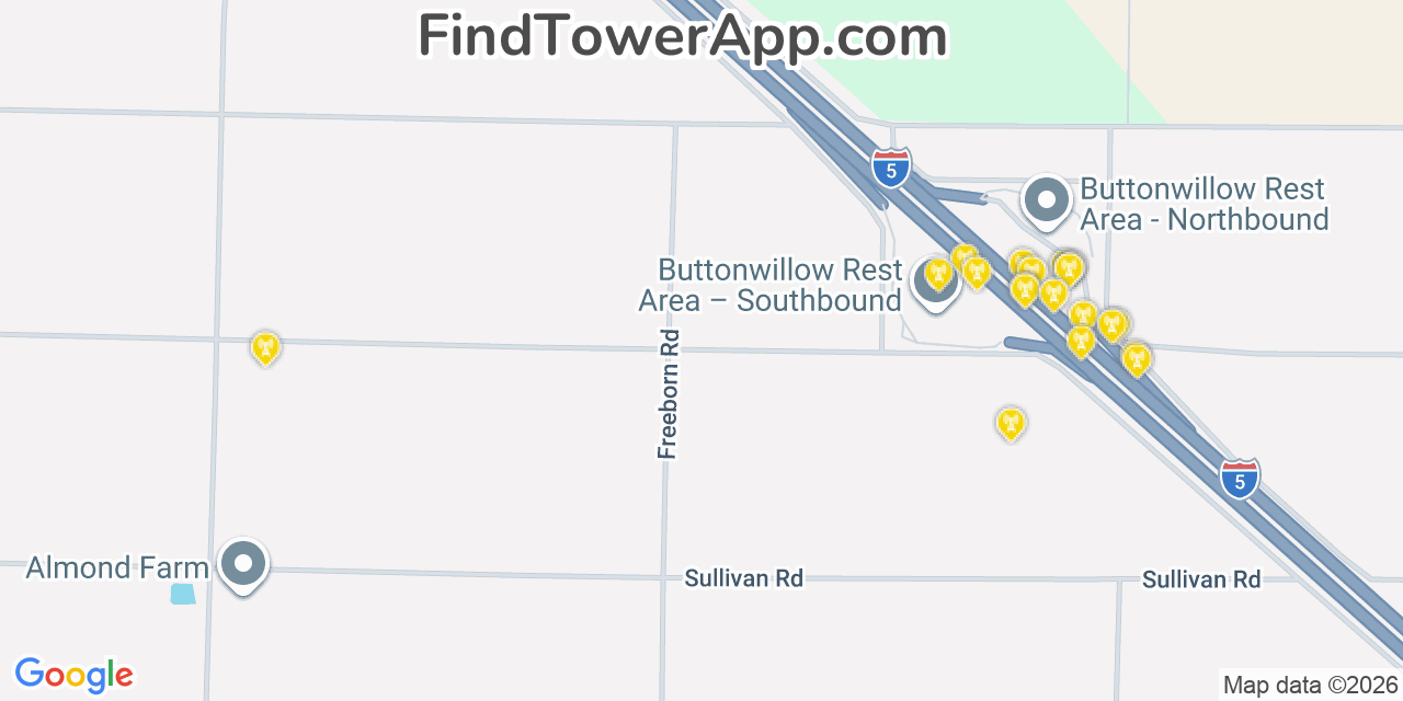Map showing the 20 primary cell tower locations detected in Buttonwillow, California from AT&T, Verizon, and T-Mobile networks