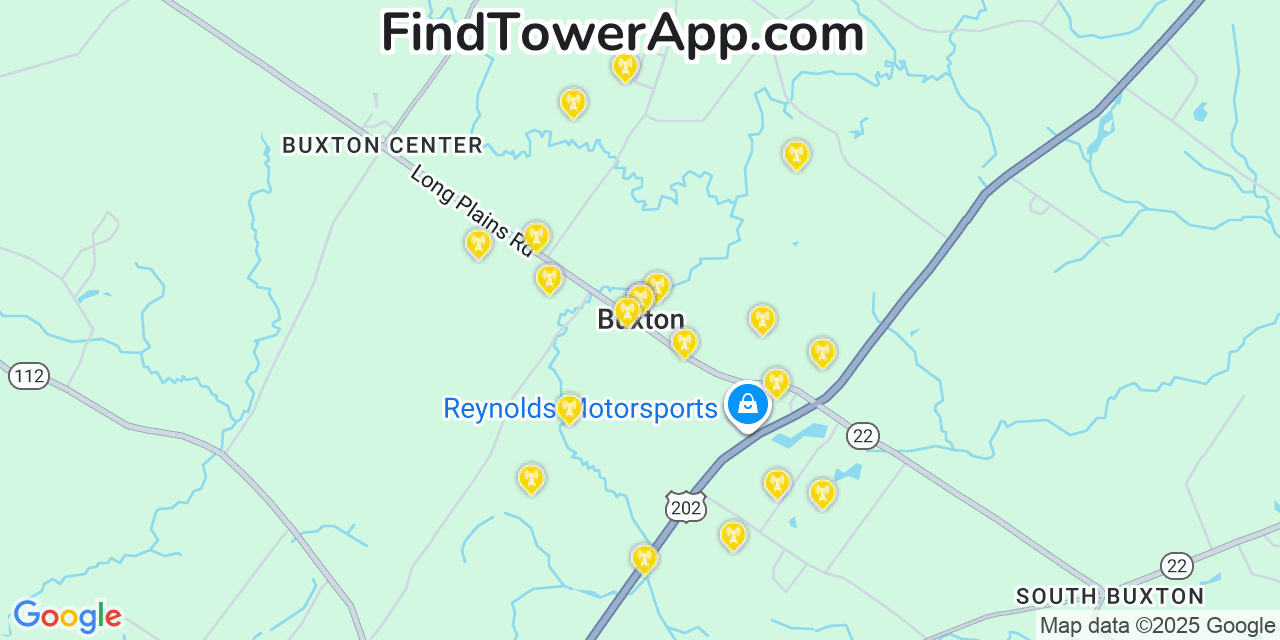 Map showing the 20 primary cell tower locations detected in Buxton, Maine from AT&T, Verizon, and T-Mobile networks