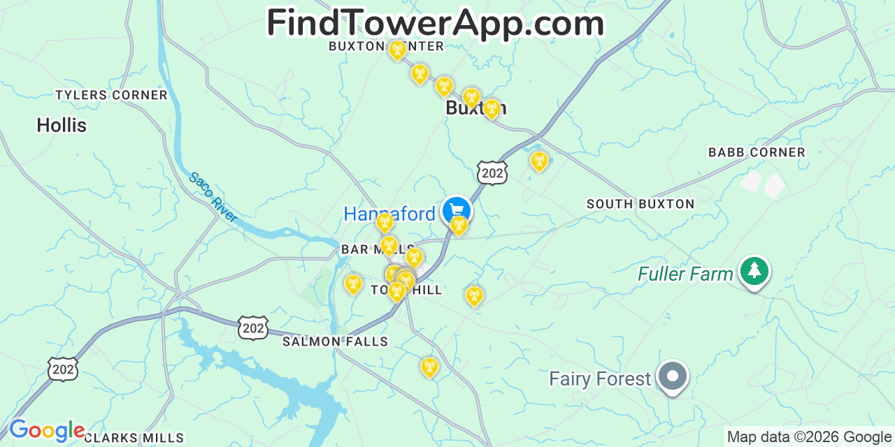 Map showing the 20 primary cell tower locations detected in Buxton, Maine from AT&T, Verizon, and T-Mobile networks