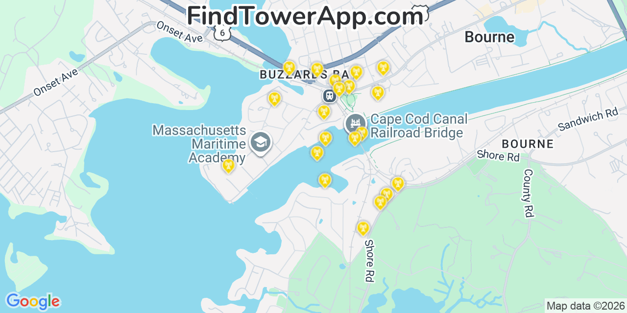 Map showing the 20 primary cell tower locations detected in Buzzards Bay, Massachusetts from AT&T, Verizon, and T-Mobile networks