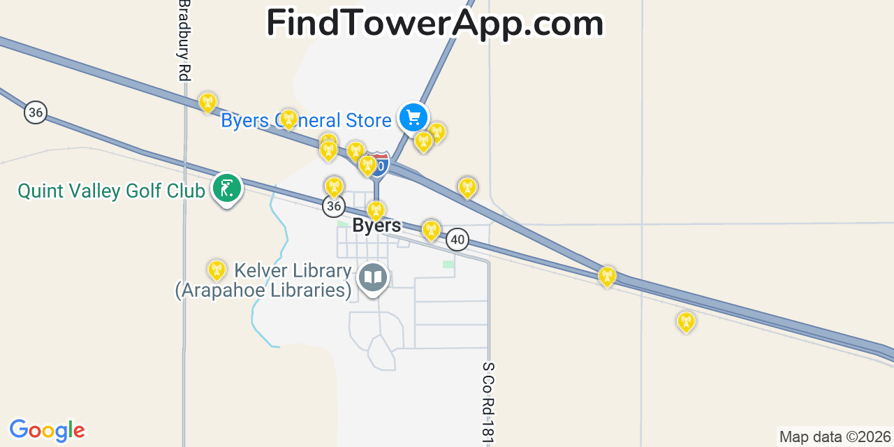 Map showing the 20 primary cell tower locations detected in Byers, Colorado from AT&T, Verizon, and T-Mobile networks