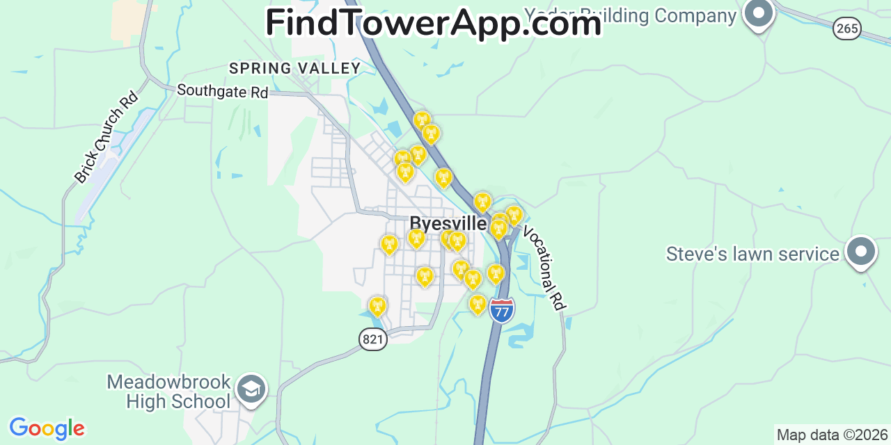 Map showing the 20 primary cell tower locations detected in Byesville, Ohio from AT&T, Verizon, and T-Mobile networks