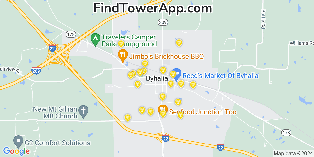 AT&T 4G/5G cell tower coverage map Byhalia, Mississippi