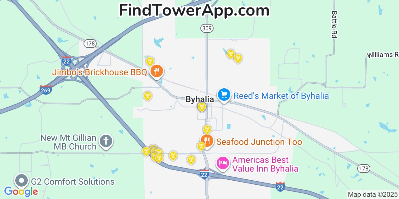 Map showing the 20 primary cell tower locations detected in Byhalia, Mississippi from AT&T, Verizon, and T-Mobile networks