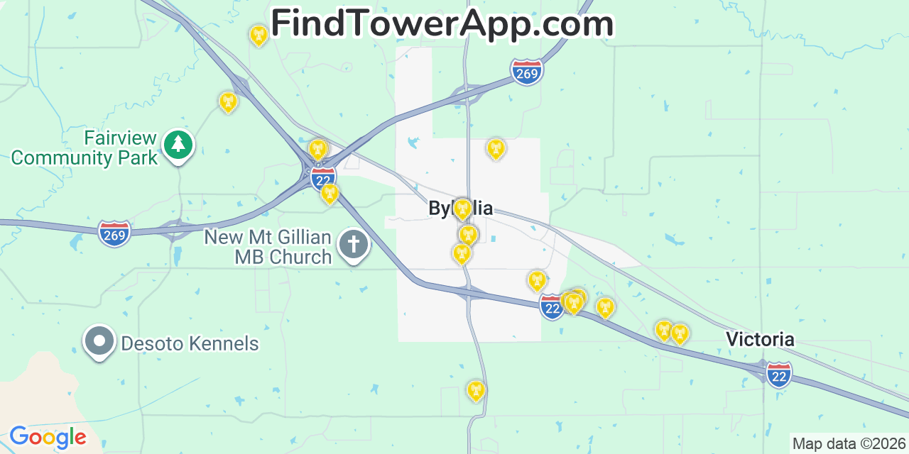 Map showing the 20 primary cell tower locations detected in Byhalia, Mississippi from AT&T, Verizon, and T-Mobile networks