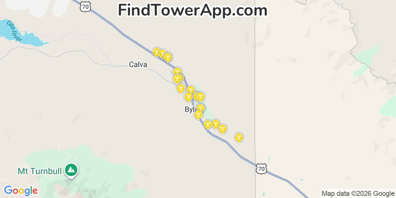 Map showing the 20 primary cell tower locations detected in Bylas, Arizona from AT&T, Verizon, and T-Mobile networks