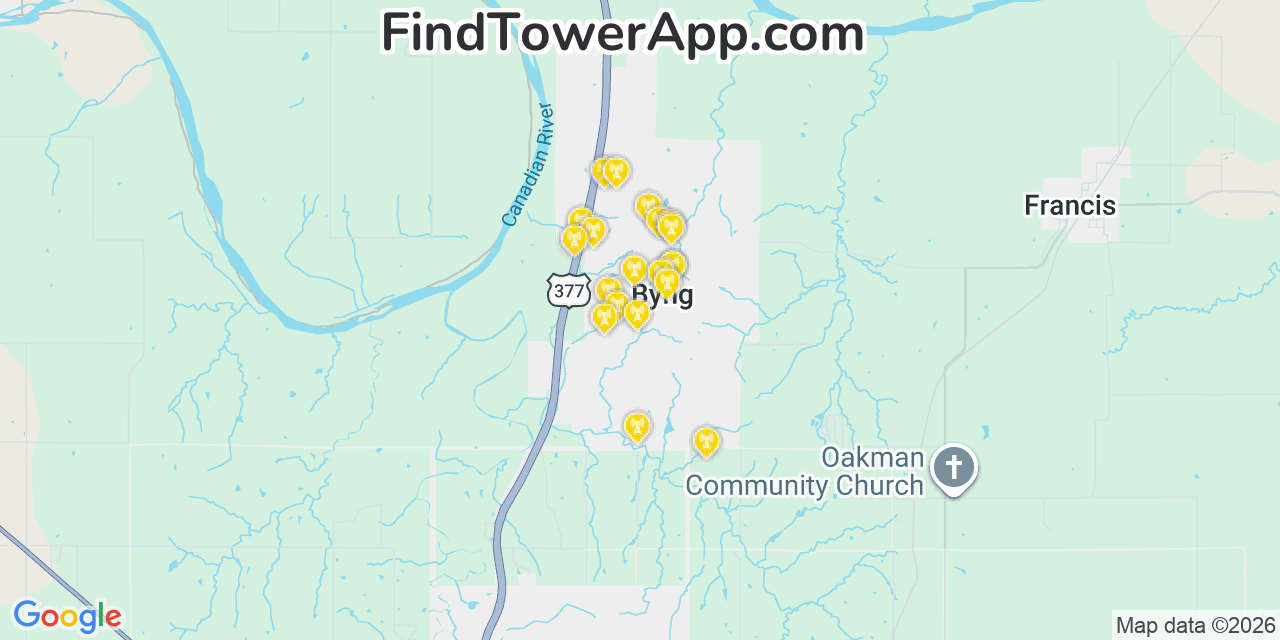 Map showing the 20 primary cell tower locations detected in Byng, Oklahoma from AT&T, Verizon, and T-Mobile networks