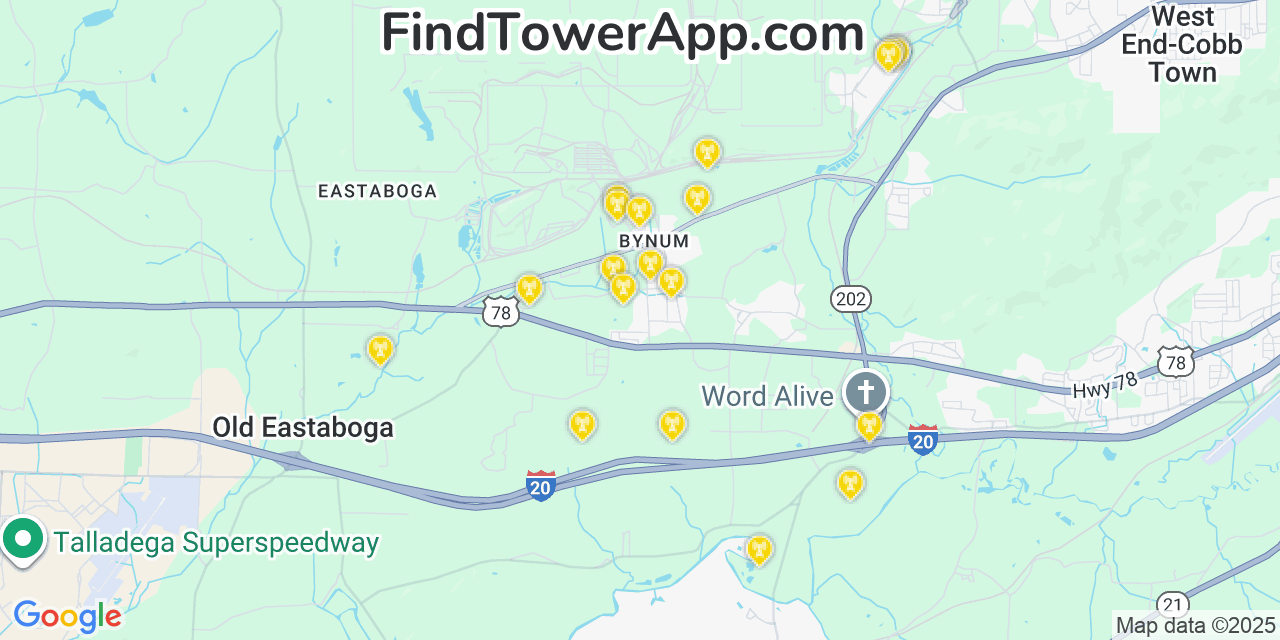 Map showing the 20 primary cell tower locations detected in Bynum, Alabama from AT&T, Verizon, and T-Mobile networks