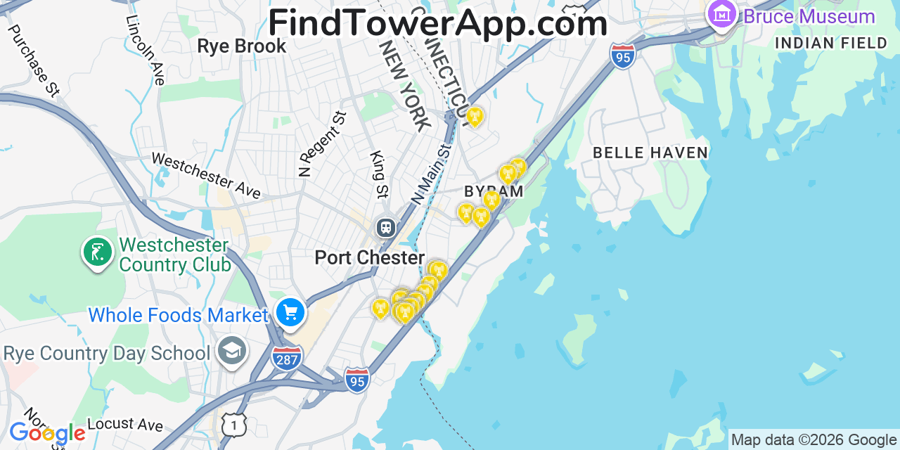 Map showing the 20 primary cell tower locations detected in Byram, Connecticut from AT&T, Verizon, and T-Mobile networks