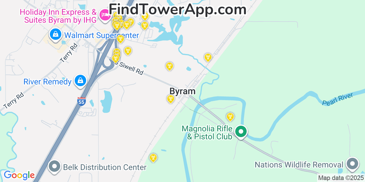 Map showing the 20 primary cell tower locations detected in Byram, Mississippi from AT&T, Verizon, and T-Mobile networks