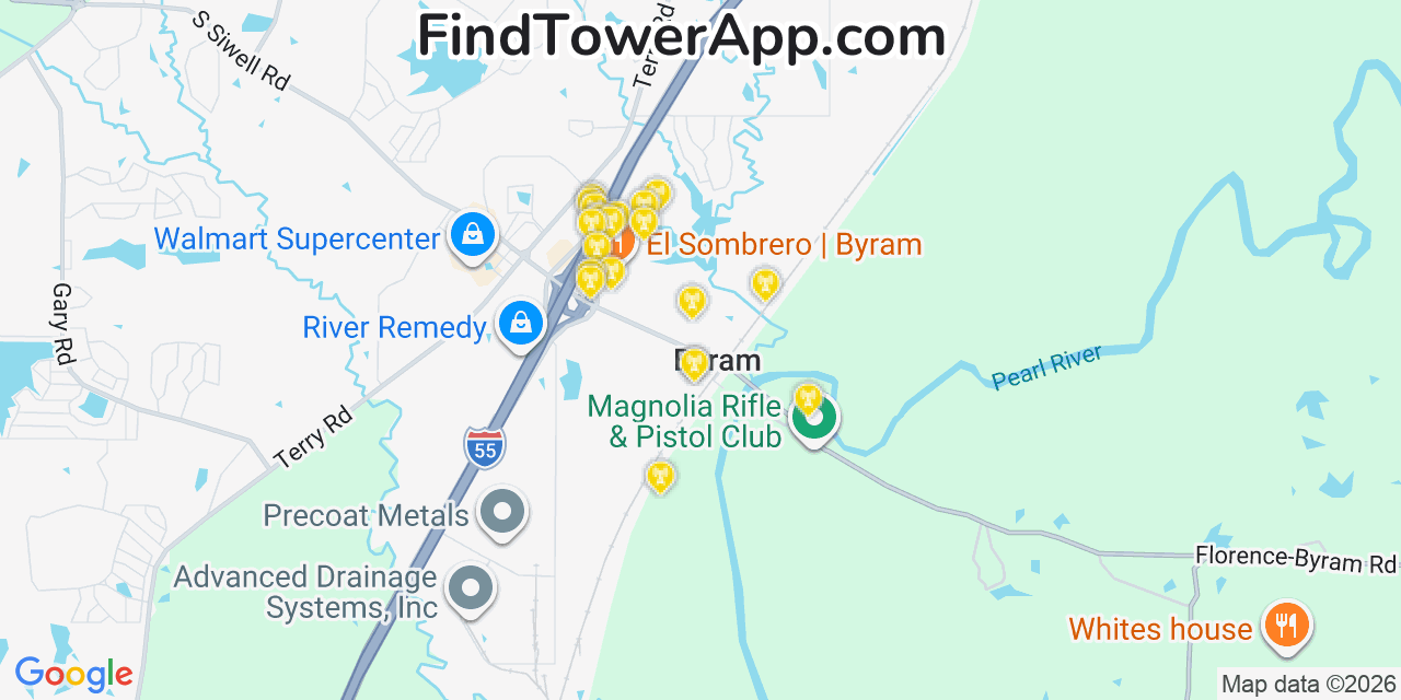 Map showing the 20 primary cell tower locations detected in Byram, Mississippi from AT&T, Verizon, and T-Mobile networks