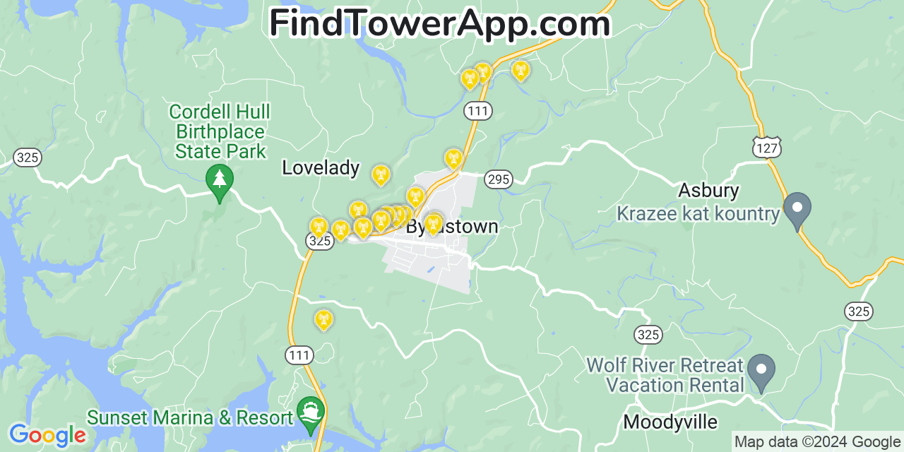 AT&T 4G/5G cell tower coverage map Byrdstown, Tennessee