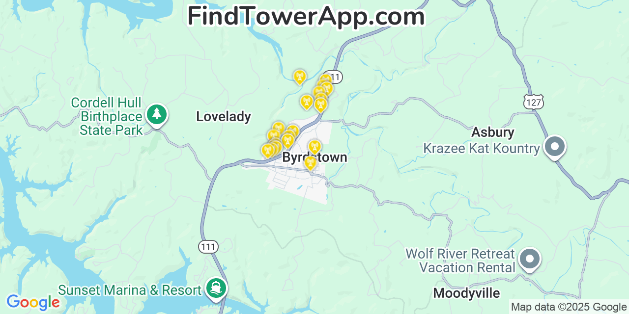 Map showing the 20 primary cell tower locations detected in Byrdstown, Tennessee from AT&T, Verizon, and T-Mobile networks