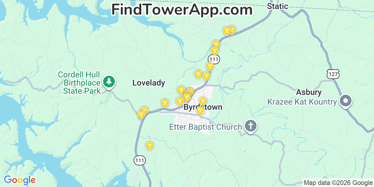 Map showing the 20 primary cell tower locations detected in Byrdstown, Tennessee from AT&T, Verizon, and T-Mobile networks
