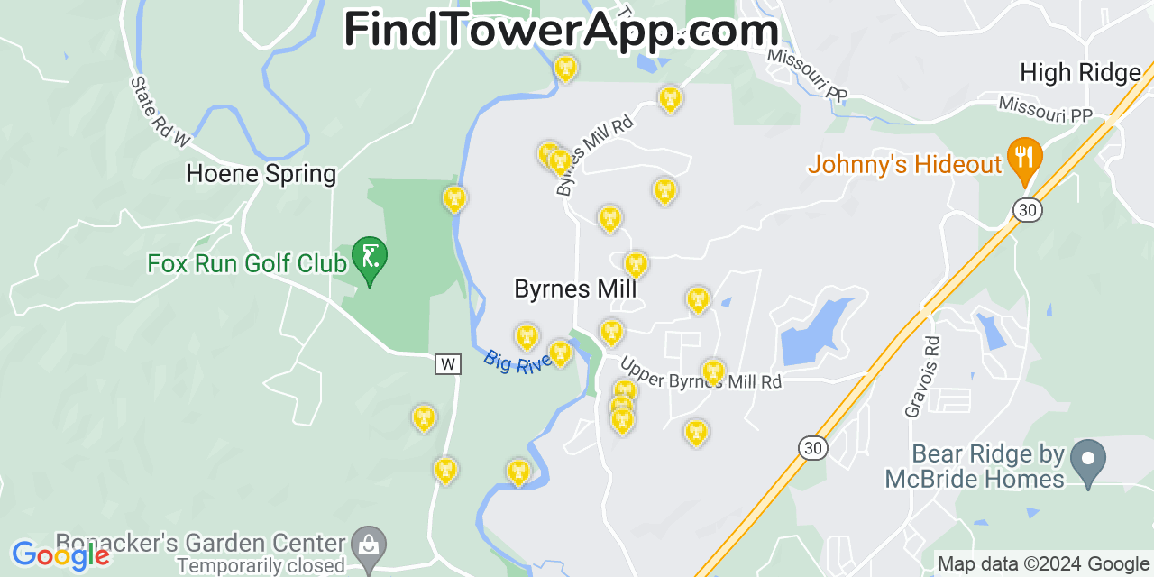 AT&T 4G/5G cell tower coverage map Byrnes Mill, Missouri