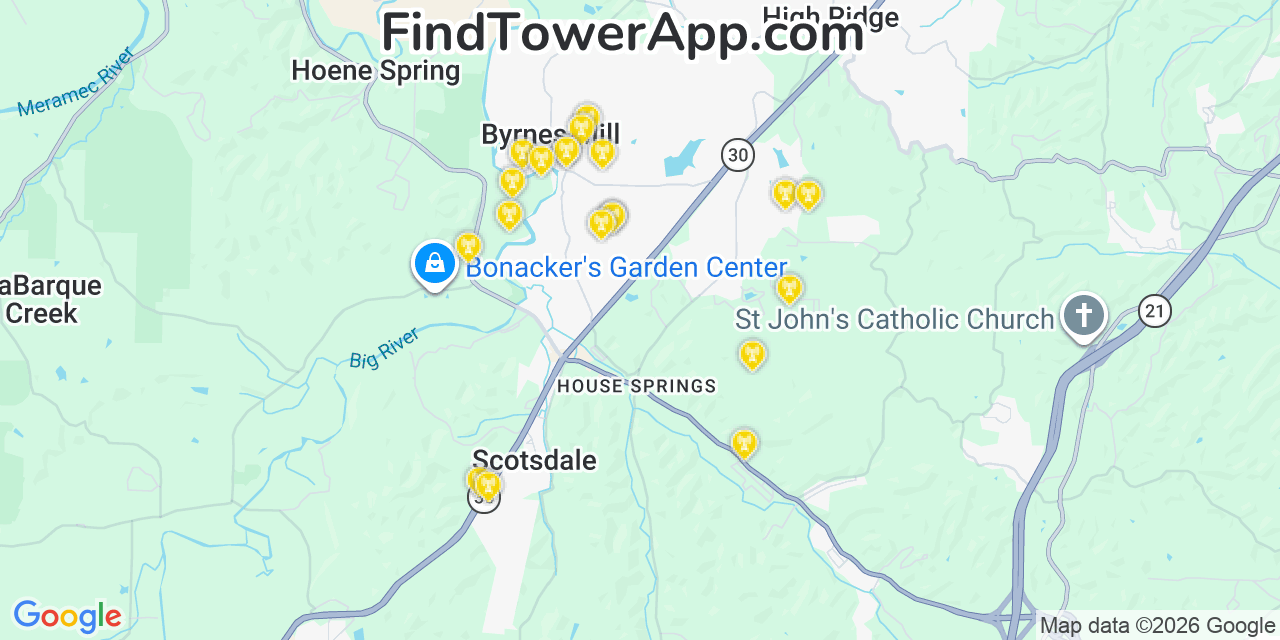 Map showing the 20 primary cell tower locations detected in Byrnes Mill, Missouri from AT&T, Verizon, and T-Mobile networks