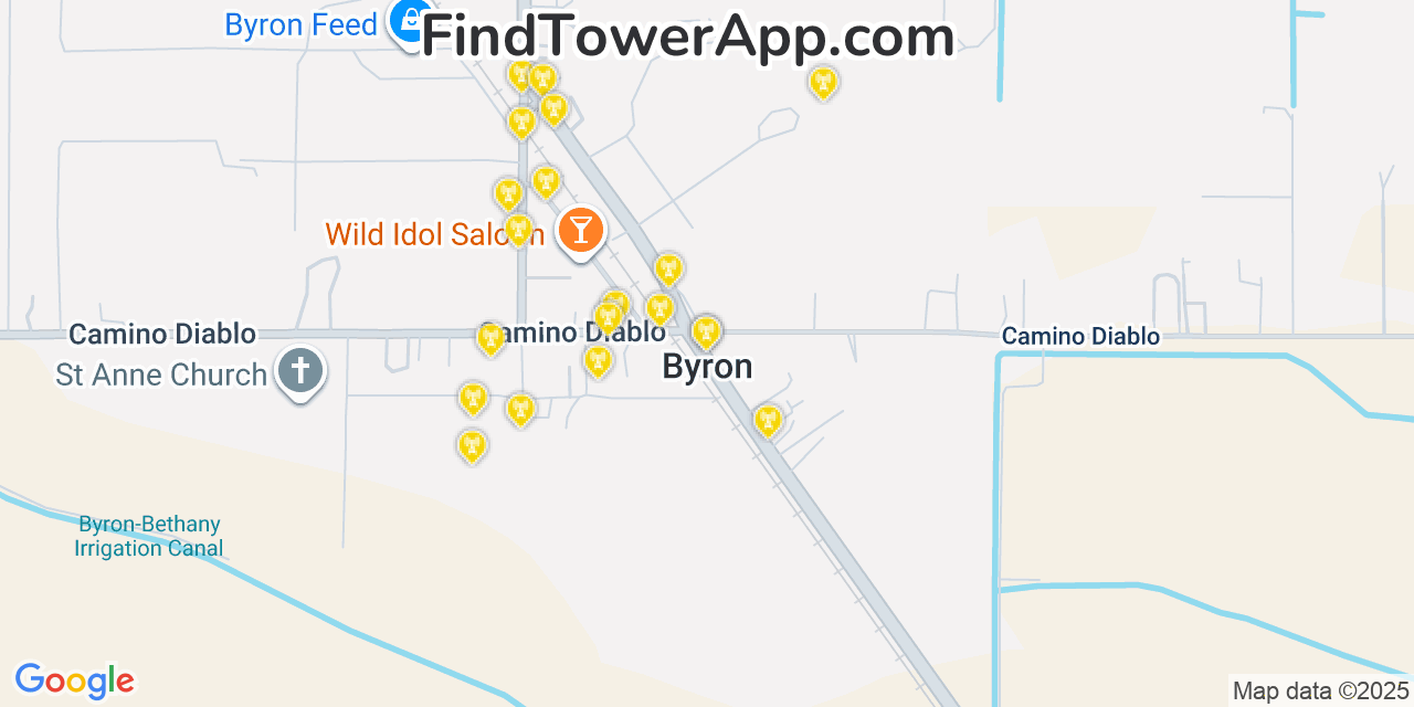 Map showing the 20 primary cell tower locations detected in Byron, California from AT&T, Verizon, and T-Mobile networks