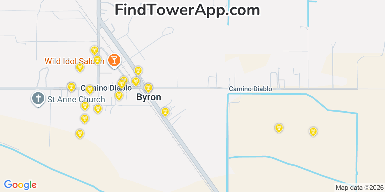 Map showing the 20 primary cell tower locations detected in Byron, California from AT&T, Verizon, and T-Mobile networks